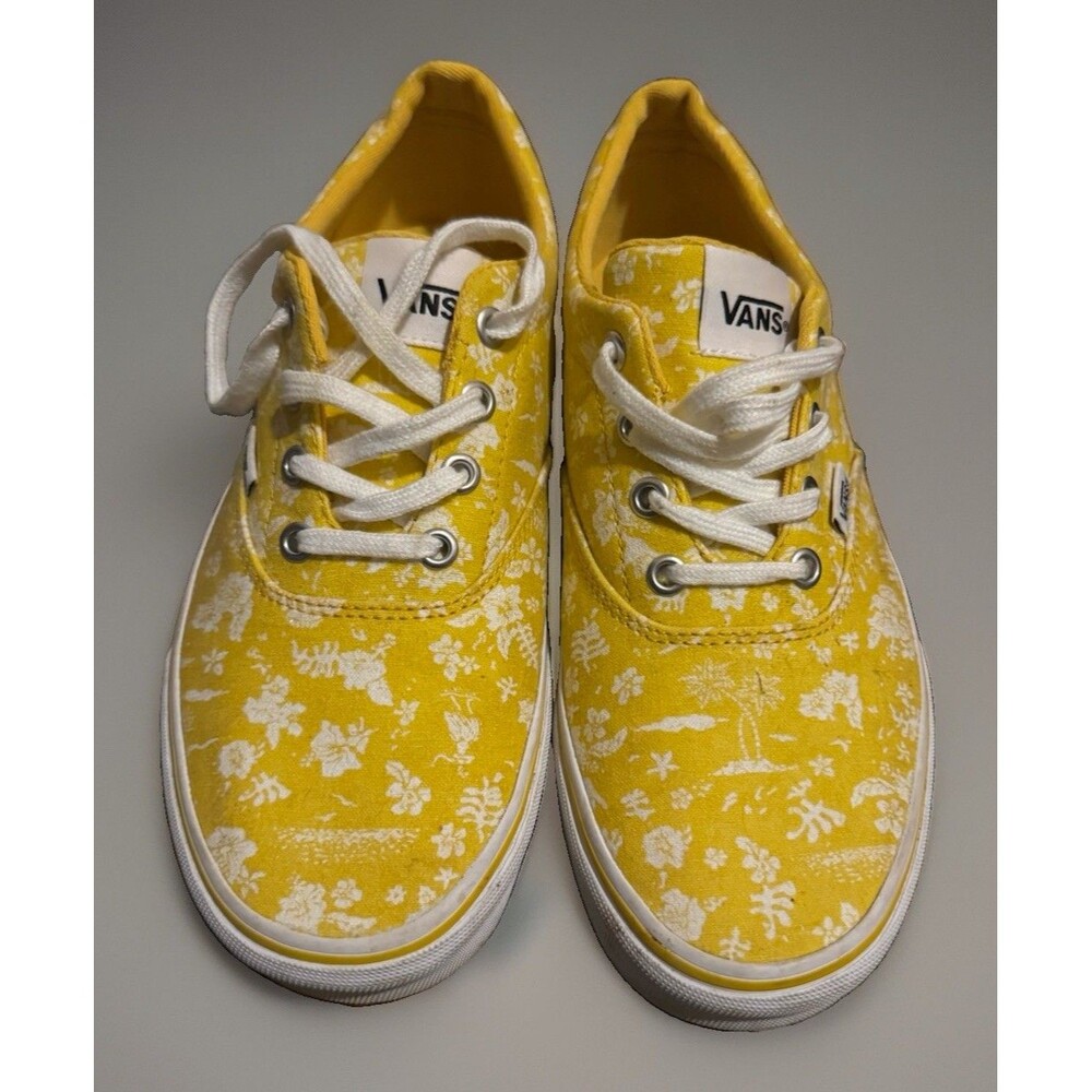 EUC Vans Authentic Lace Up Sneakers Yellow White Floral Print Women 8